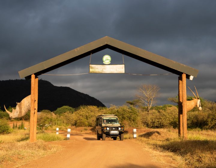 Safari vehicle at the entrance gate, Mkomazi National Park, Tanzania